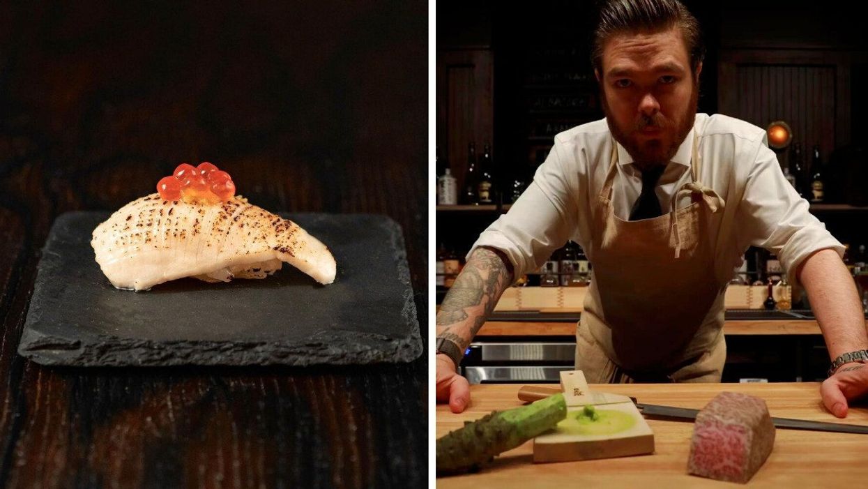 Albacore wrapped in sake-soaked nori and topped with ponzu. Right: Chef Phillip Frankland Lee.