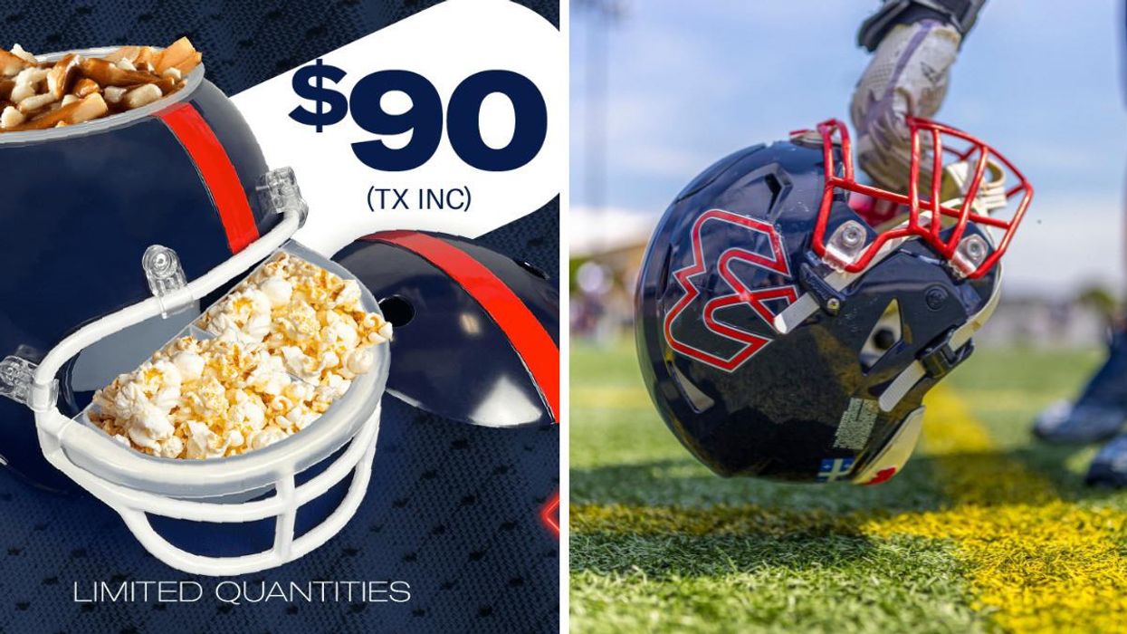 Alouette Poutine promotional poster. Right: Montreal Alouettes helmet on a field.