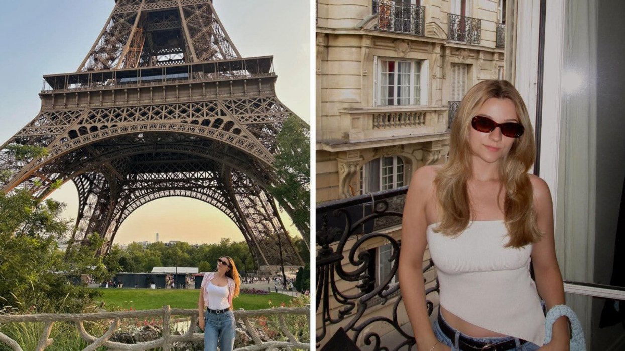 Alycia Poirier stands in front of the Eiffel Tower in Paris. Right: Alycia smiles beside a French balcony.