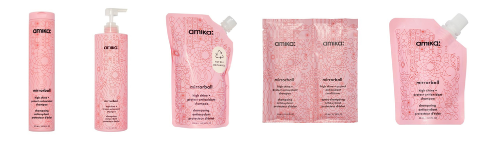 Amika Mirrorball shampoo lineup (275-mL bottle, 1-L bottle with pump, 500-mL refill pouch, sample duo pouches, and 60-mL pouch).