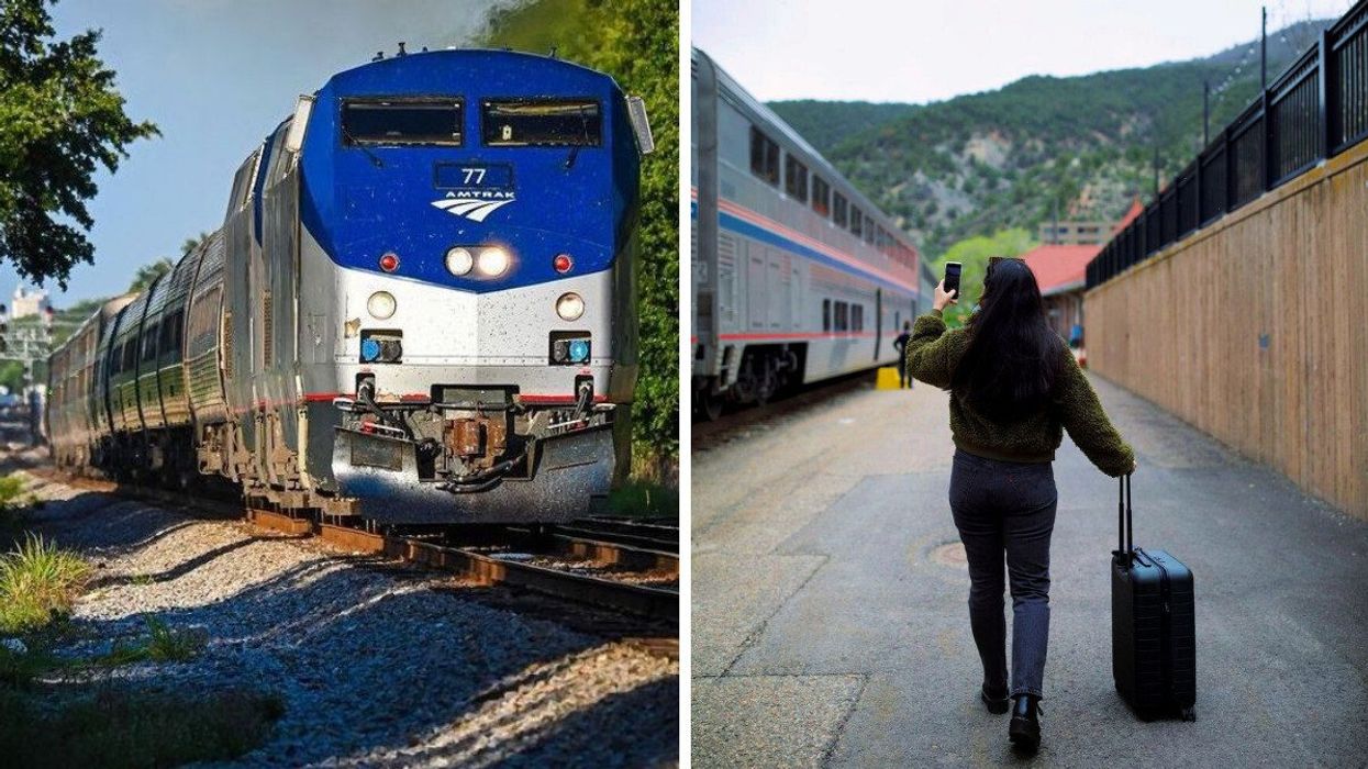 An Adirondack train. Right: Someone with a suitcase takes a photo by the tracks.