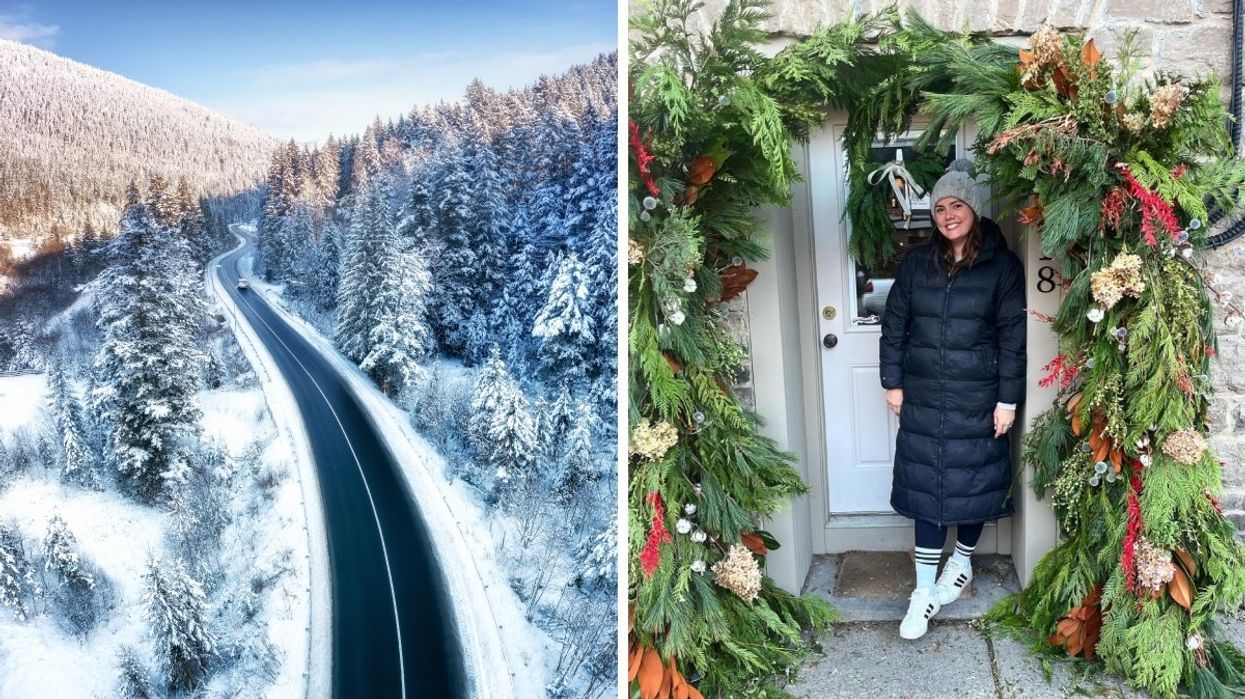 An aerial view of a car driving on a remote road surrounded by snow-covered trees and mountains. Right: A person posing underneath a Christmas wreath.