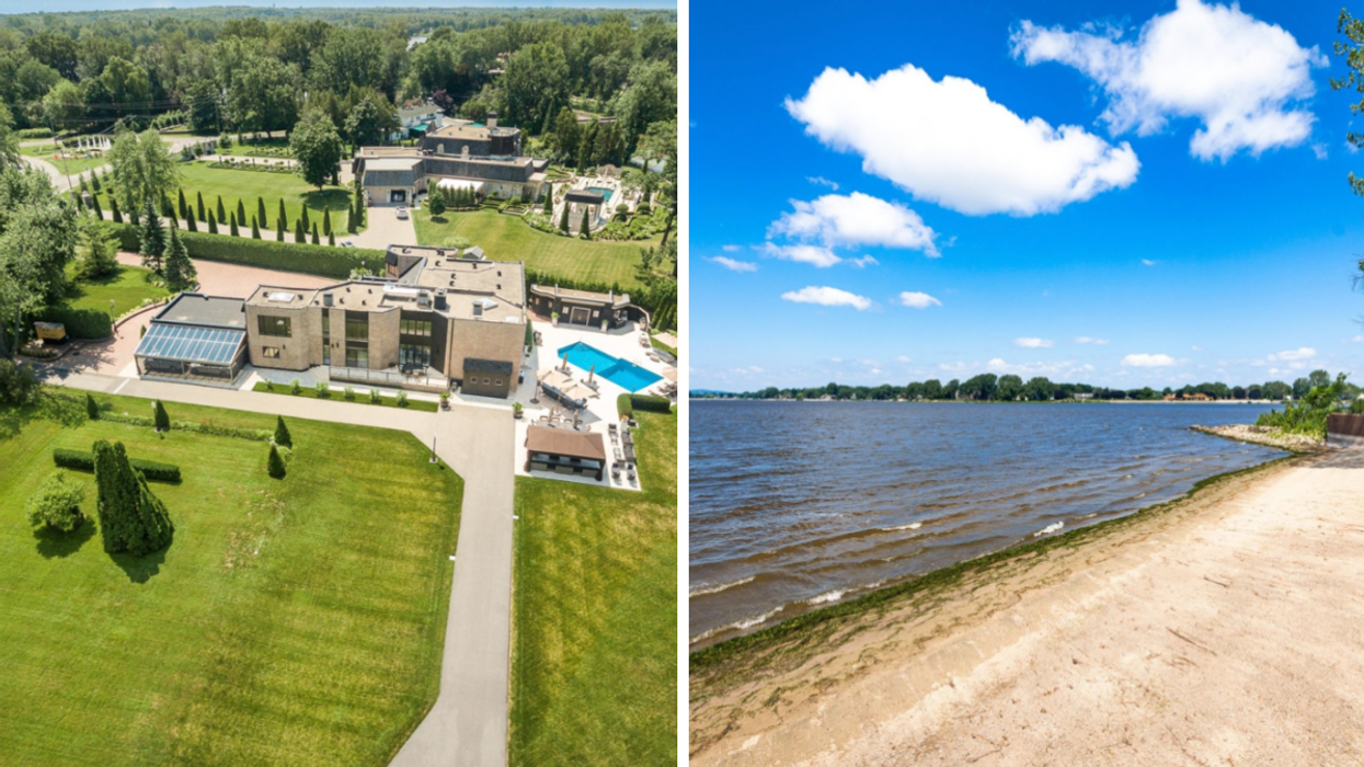 An aerial view of a multi-million-dollar house in Laval. Right: The home's beachfront property, which is private.