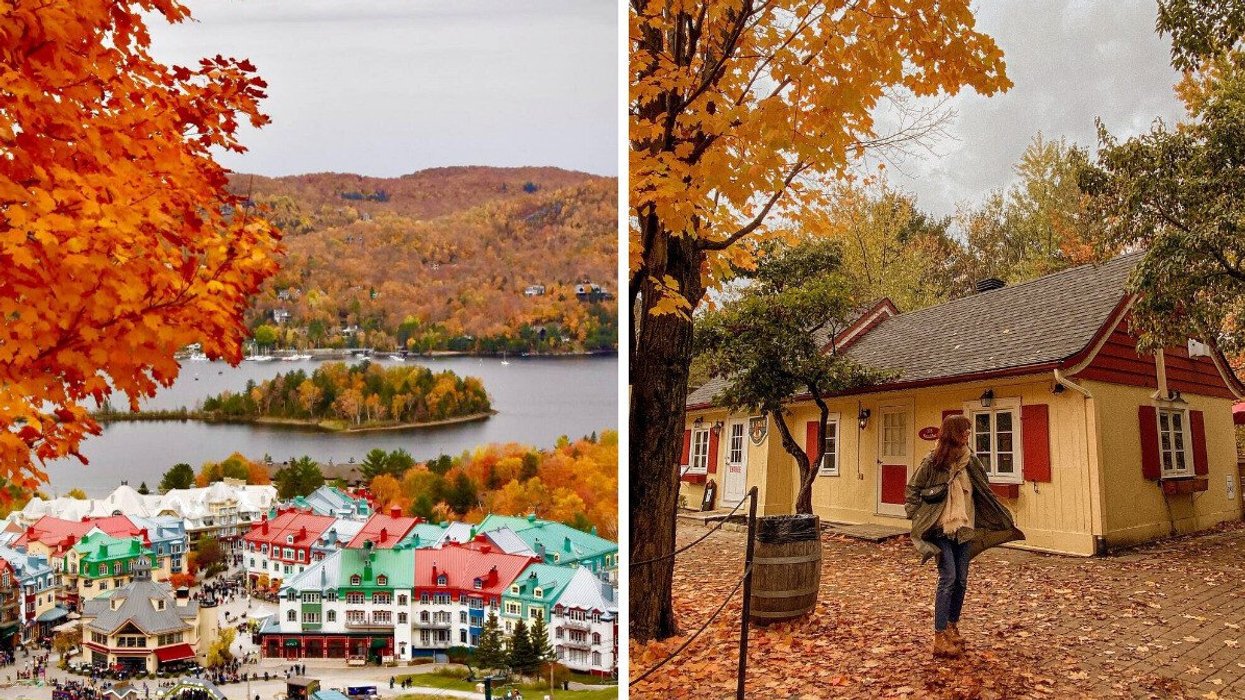 An aerial view of a small town in Quebec surrounded by fall colours. Right: A person walks through a village in Quebec in fall.
