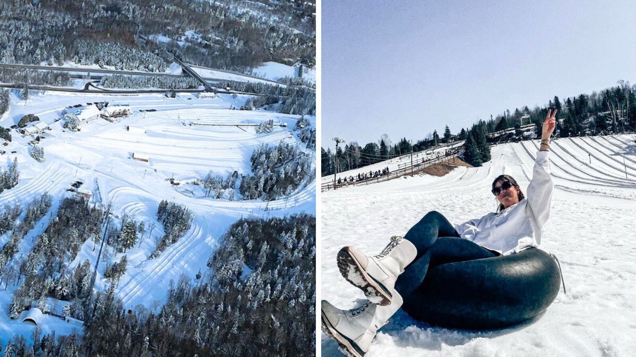 An aerial view of a winter park. Right: A person sitting in a snow tube.
