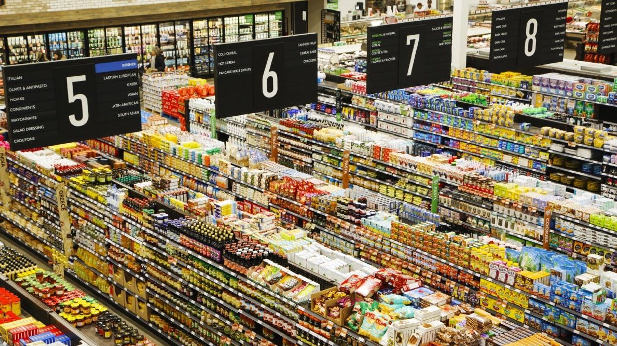 An aerial view of grocery store aisles.