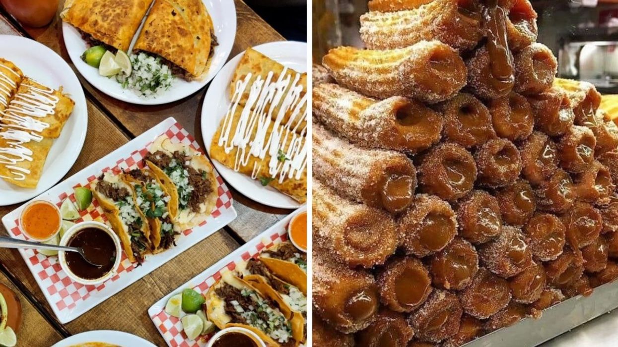 An aerial view of several taco and quesadilla dishes from La Toxica in Montreal, Right: A tower of churros from El Rey Del Taco in Montreal with caramel dripping out of them.