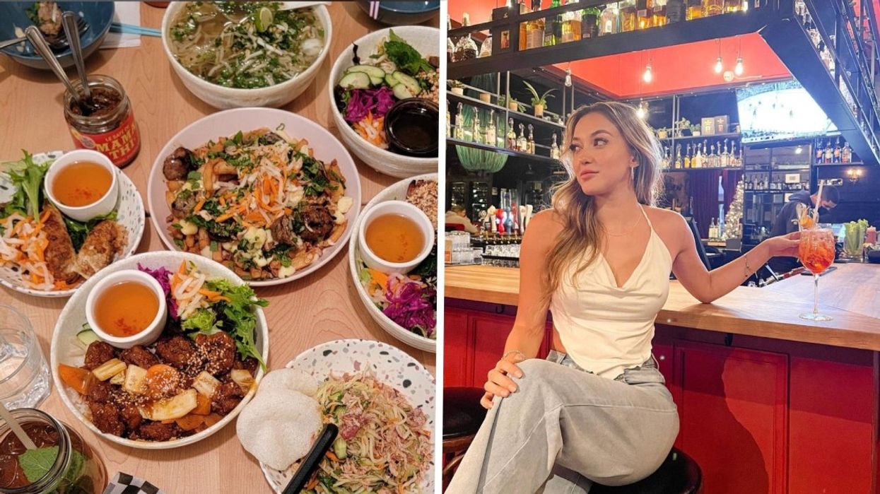 An aerial view of several Vietnamese dishes from Montreal restaurant Le Petit Sao, Right: A person sitting at the bar drinking a cocktail at Jack Saloon in Brossard.