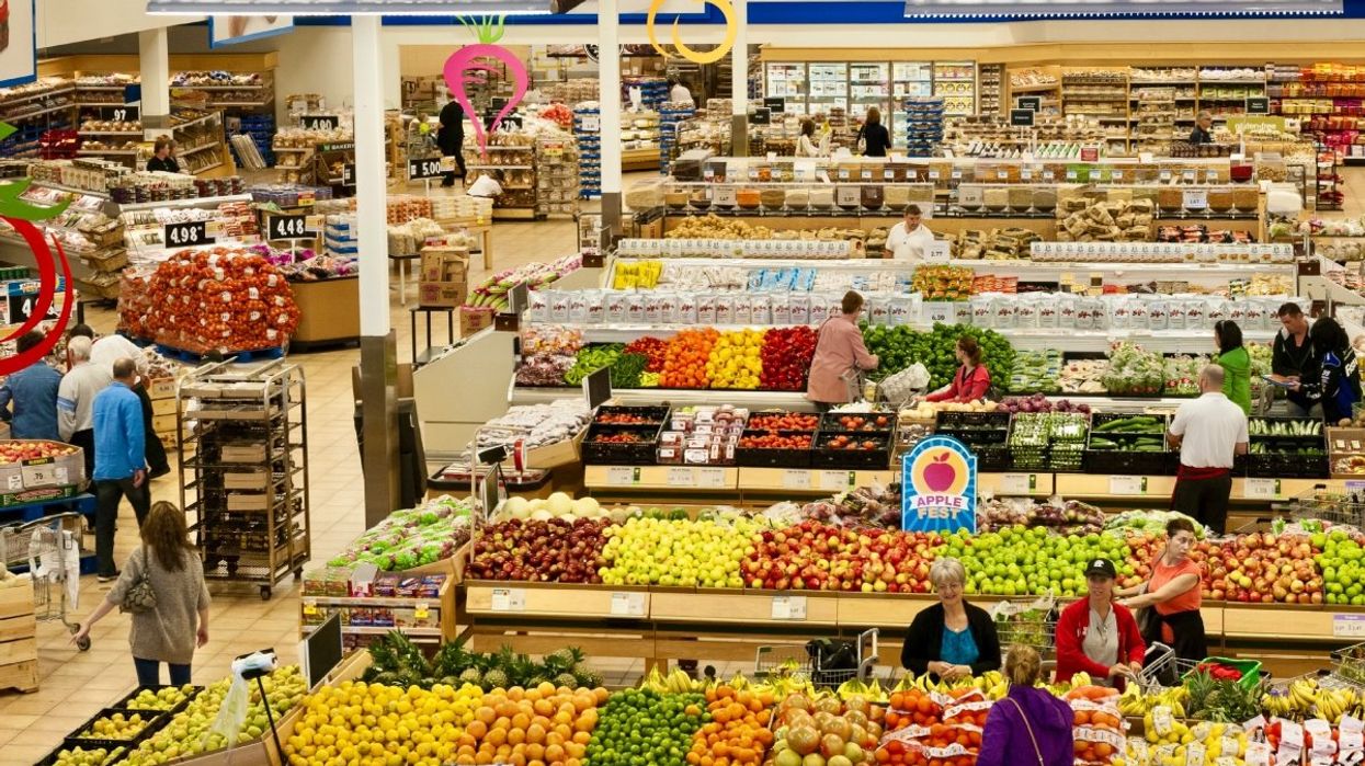 An aerial view of the fresh produce sections of a Canadian grocery store.