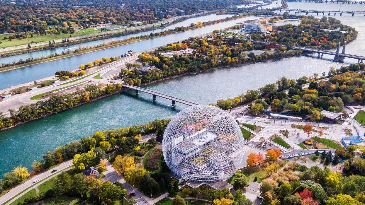 An aerial view of the Montreal Biosphere.