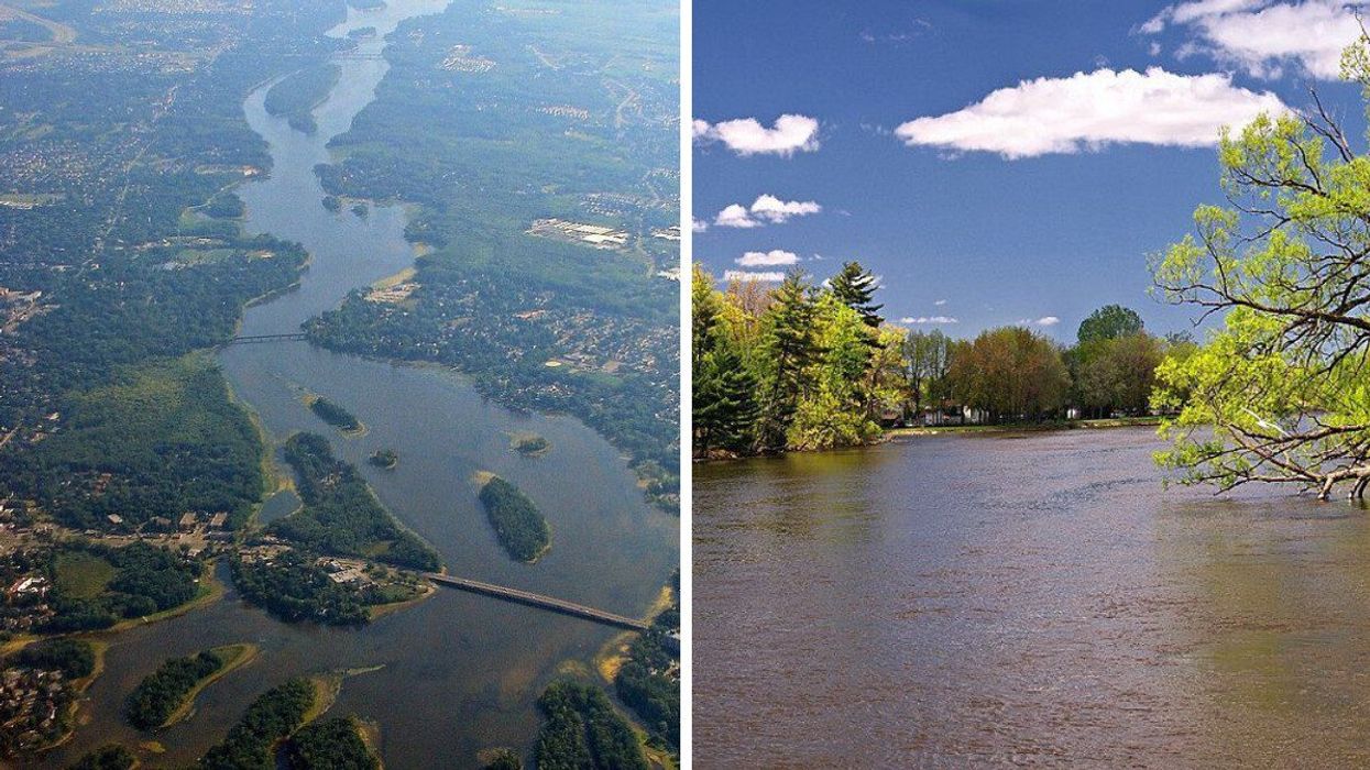 An aerial view of the Rivière des Mille Îles. Right: The Rivière des Mille Îles.