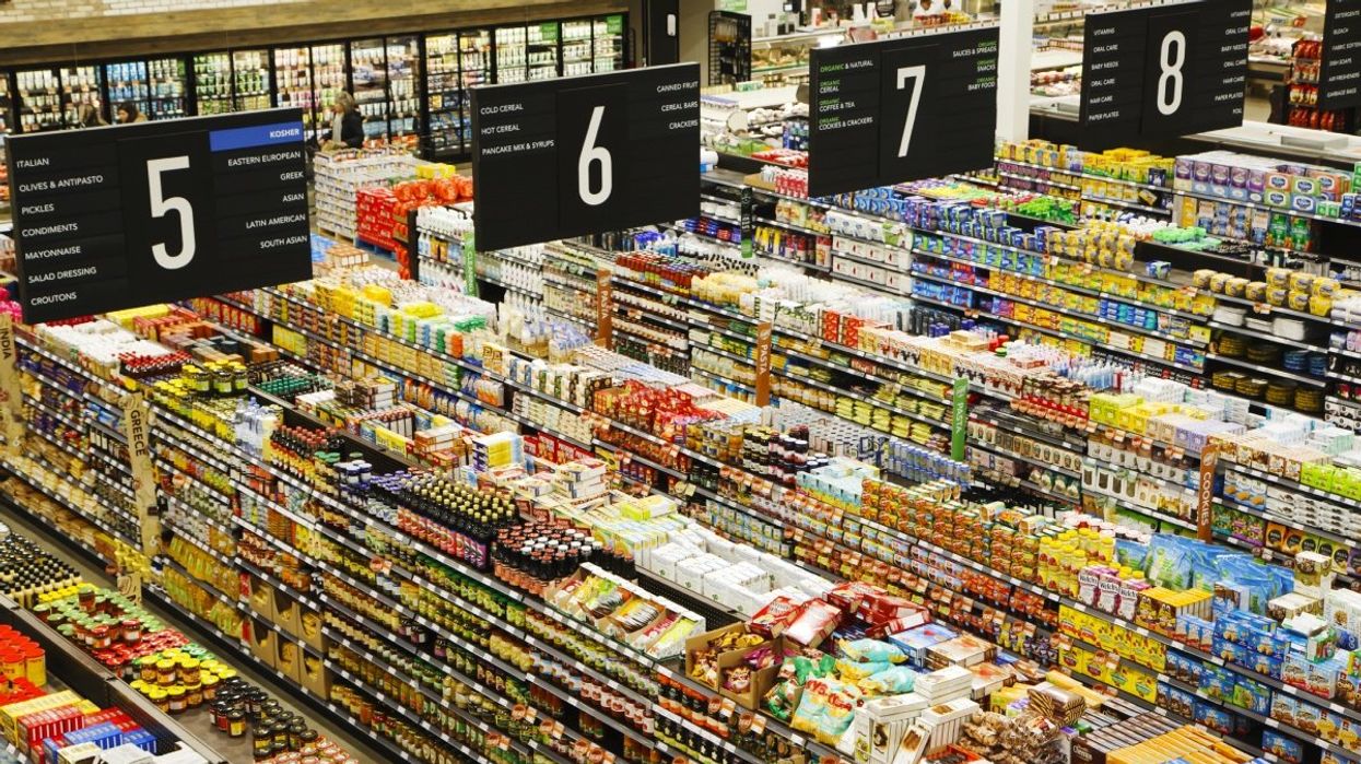 An aerial views of the many food aisles at a Canadian grocery store.