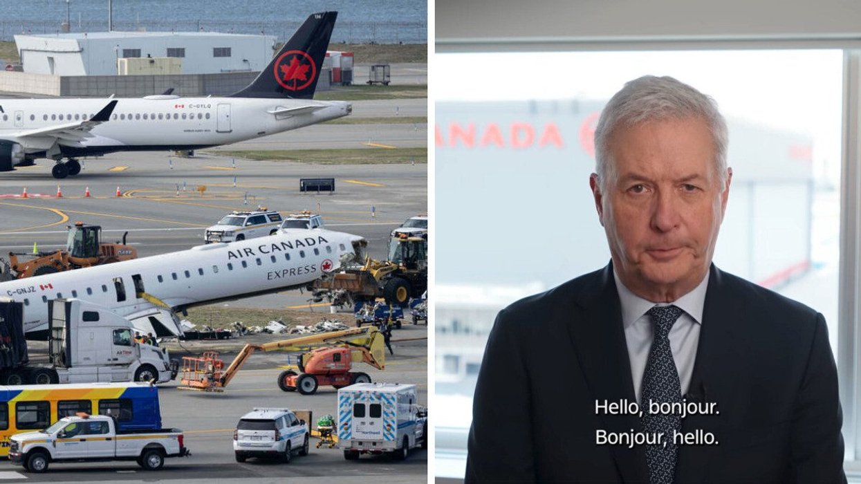 An Air Canada Express jet taxis past the wreckage of another plane. Right: Air Canada CEO Michael Rousseau speaks to camera with the subtitles "Hello, bonjour."