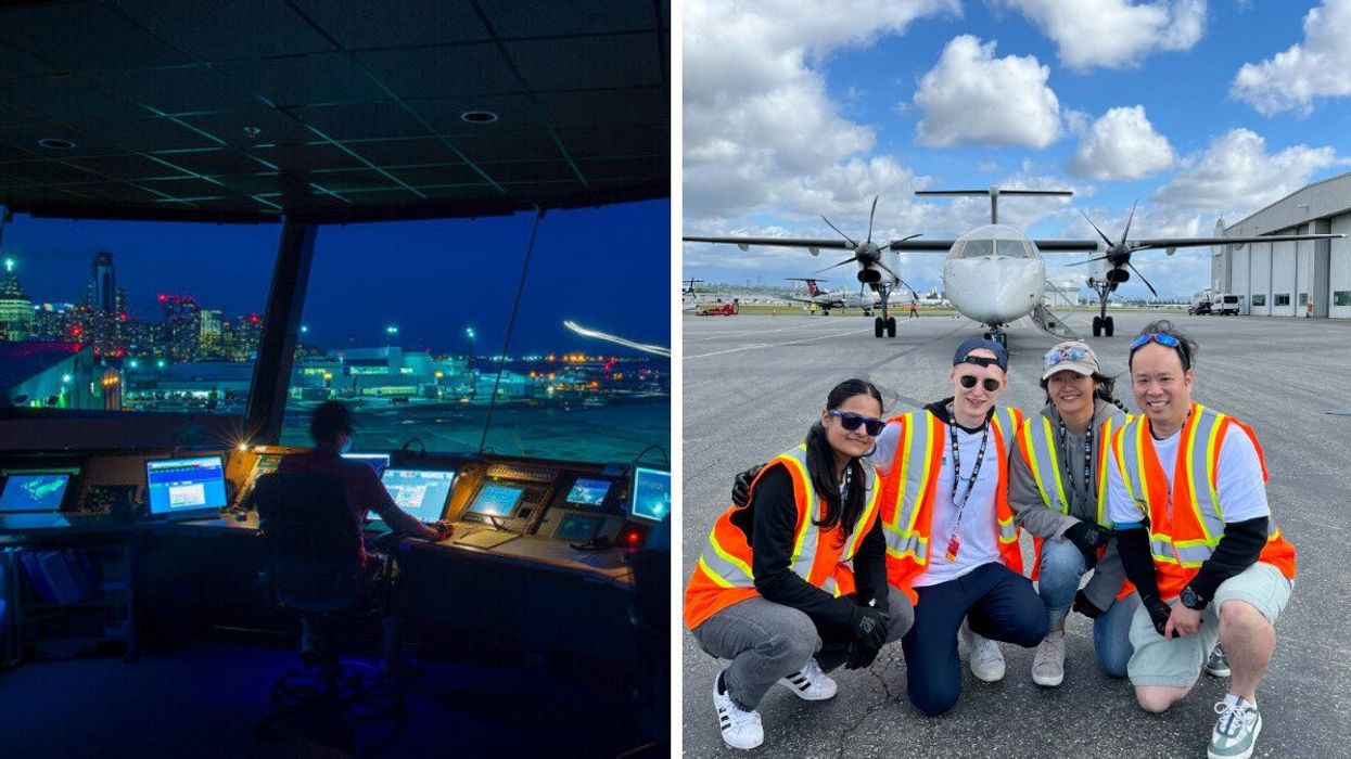 An air traffic control employee. Right: Employees at NAV Canada.