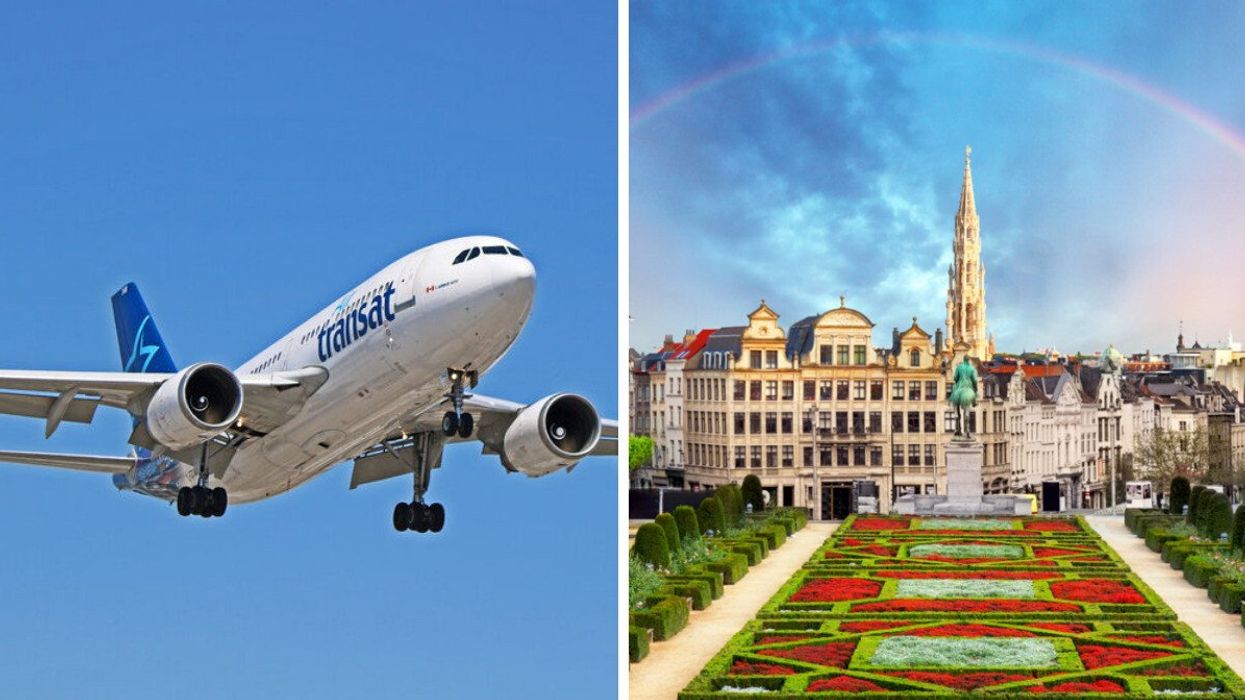 An Air Transat plane. Right: An aerial shot of Brussels, Belgium.