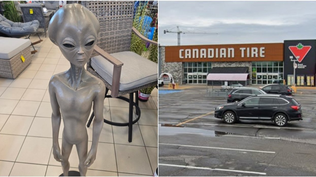 An alien statue. Right: A Canadian Tire store.