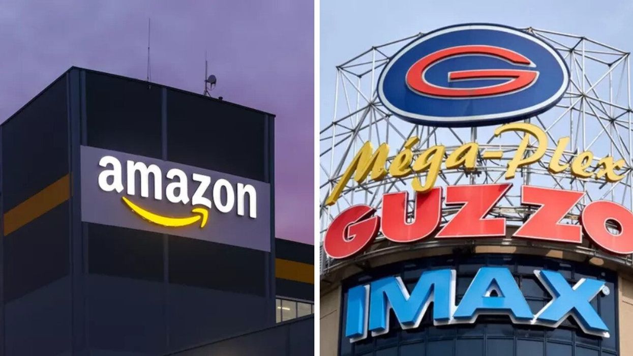 An Amazon warehouse in the evening. Right: The exterior of a Cinemas Guzzo complex.