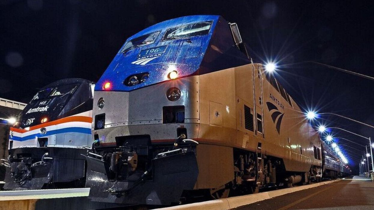 An Amtrak train at night.