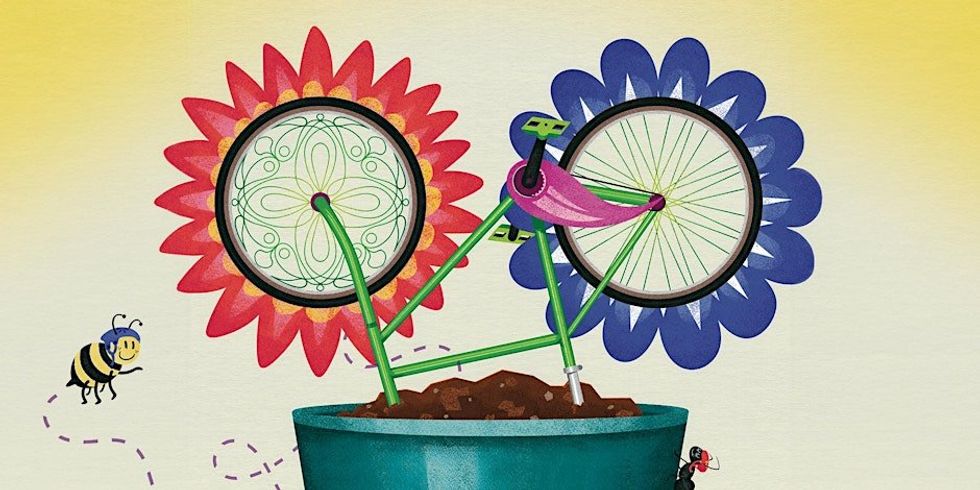 An animated bike with flowers as wheels in a pot. \u200b