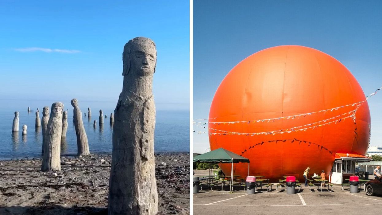 An art piece in Sainte-Flavie, Quebec. Right: Montreal's famous Orange Julep.