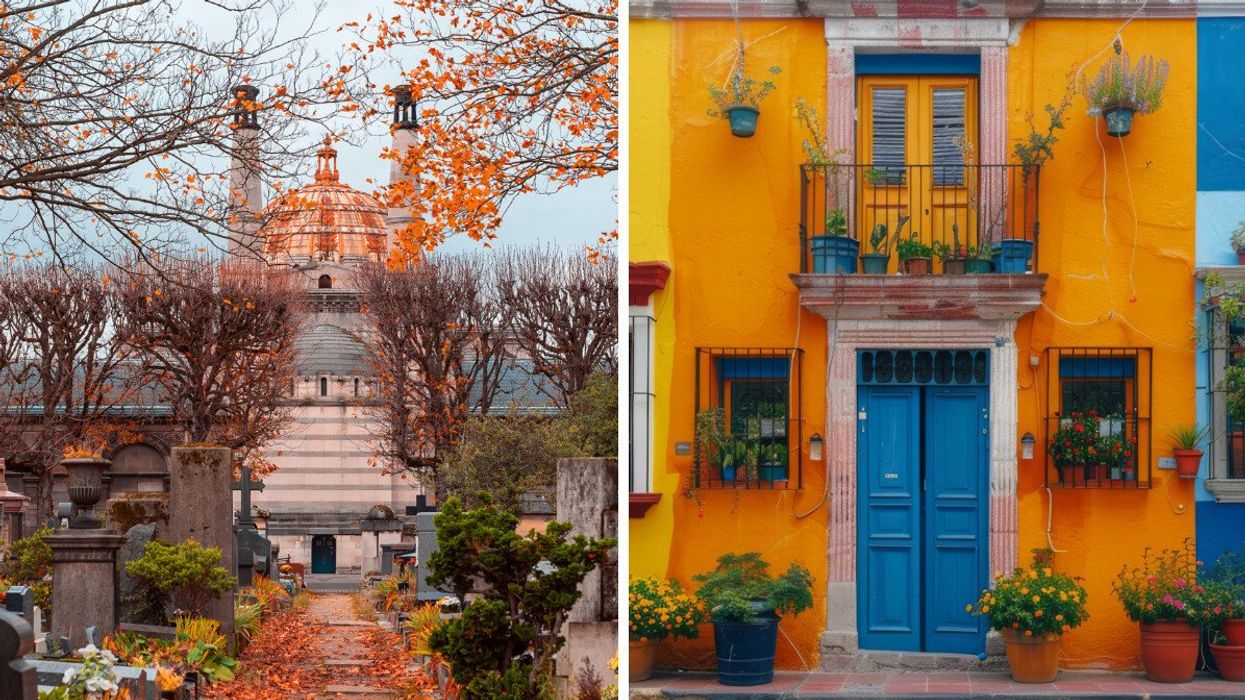 An autumnal view of the most famous cemetery of Paris, Pere Lachaise. Right: A view of a historic building in Mexico City with balconies decorated with vibrant flowers and potted plants.