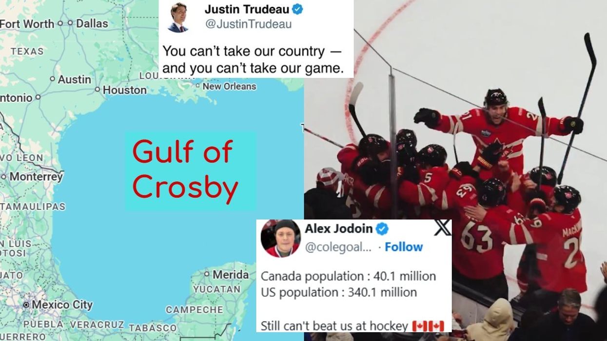 An edited map of the Gulf of Mexico. Right: Canadian hockey players celebrate winning the 4 Nations Face-Off.