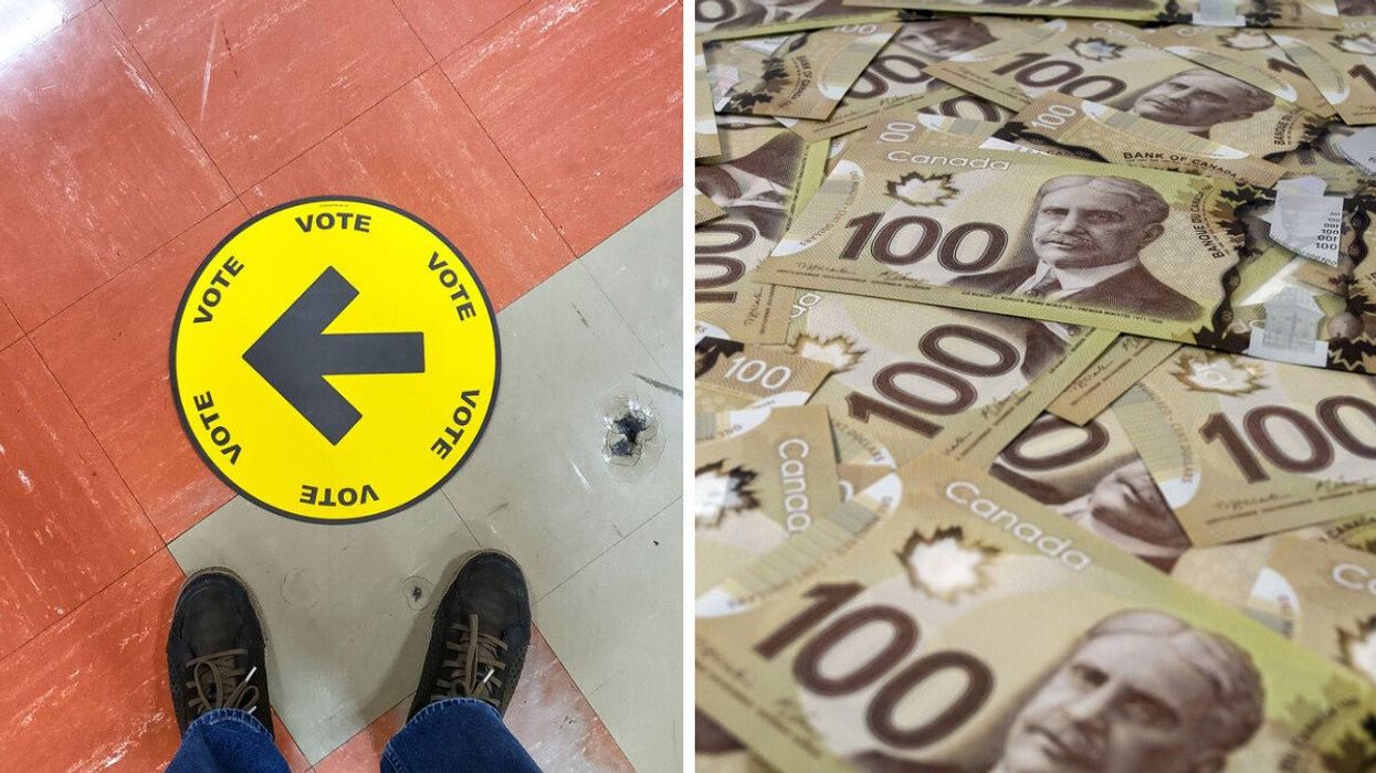 An election voting sign in Montreal. Right: A stack of Canadian bills.