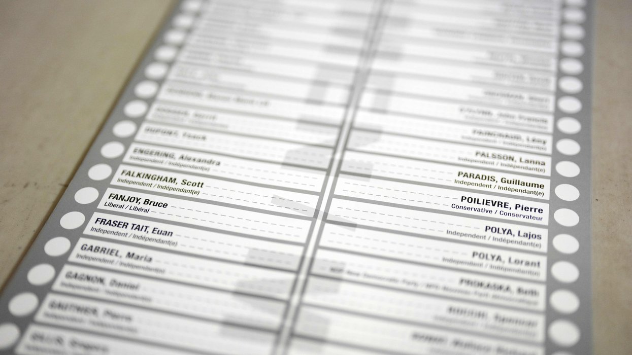 An example of a ballot for the riding of Carleton, showing the names of Conservative Leader Pierre Poilievre and Liberal Party of Canada candidate Bruce Fanjoy.