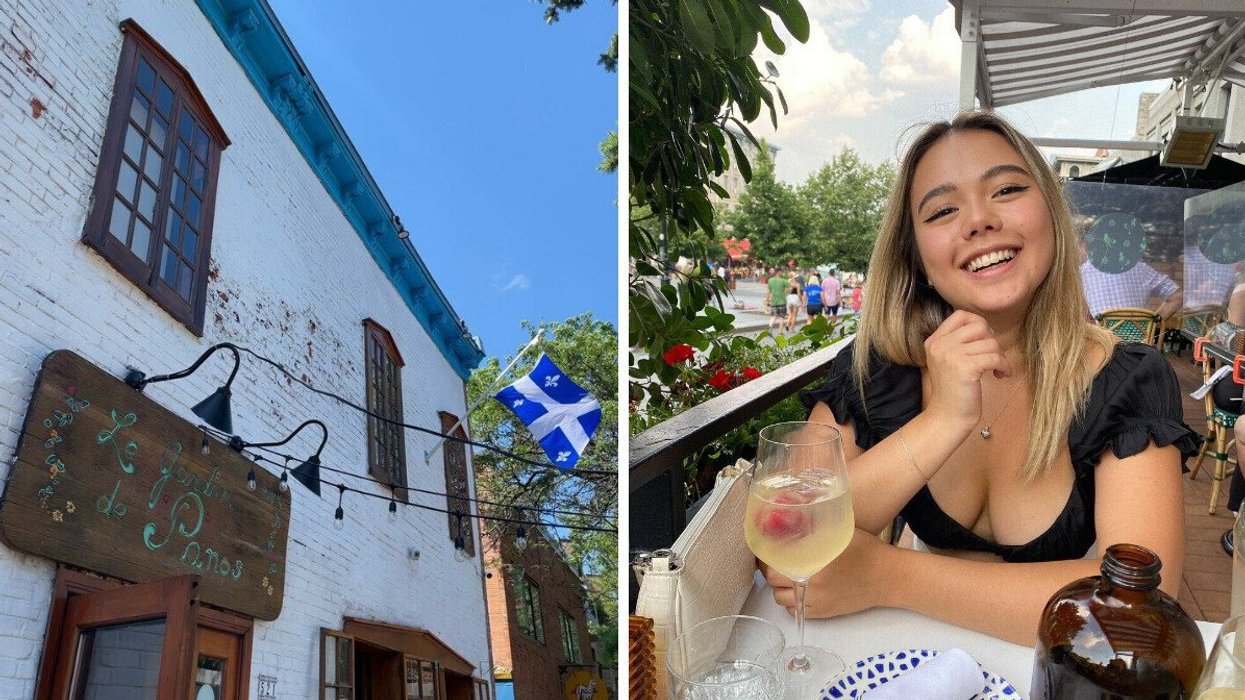 An exterior of a Greek restaurant. Right: A person sitting on a patio.