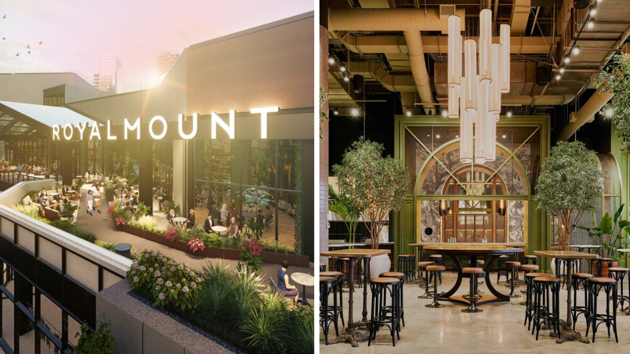 An exterior rendering of Royalmount Montreal's facade and sign. Right: A photo of a luxury food hall with seats and tables, featuring green plants, an extravagant chandelier and an industrial-style ceiling.
