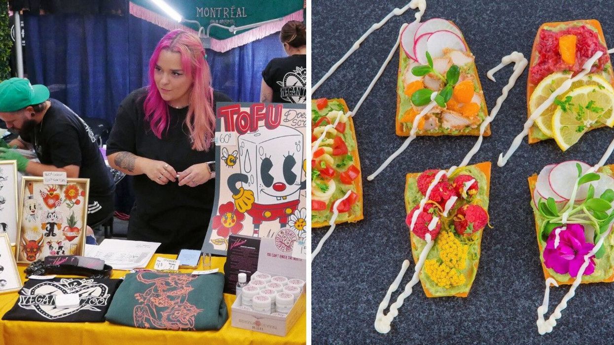 An FVMtl vendor stands next to a poster that reads "Tofu doesn't scream." Right: Colourful veggie covered crackers.