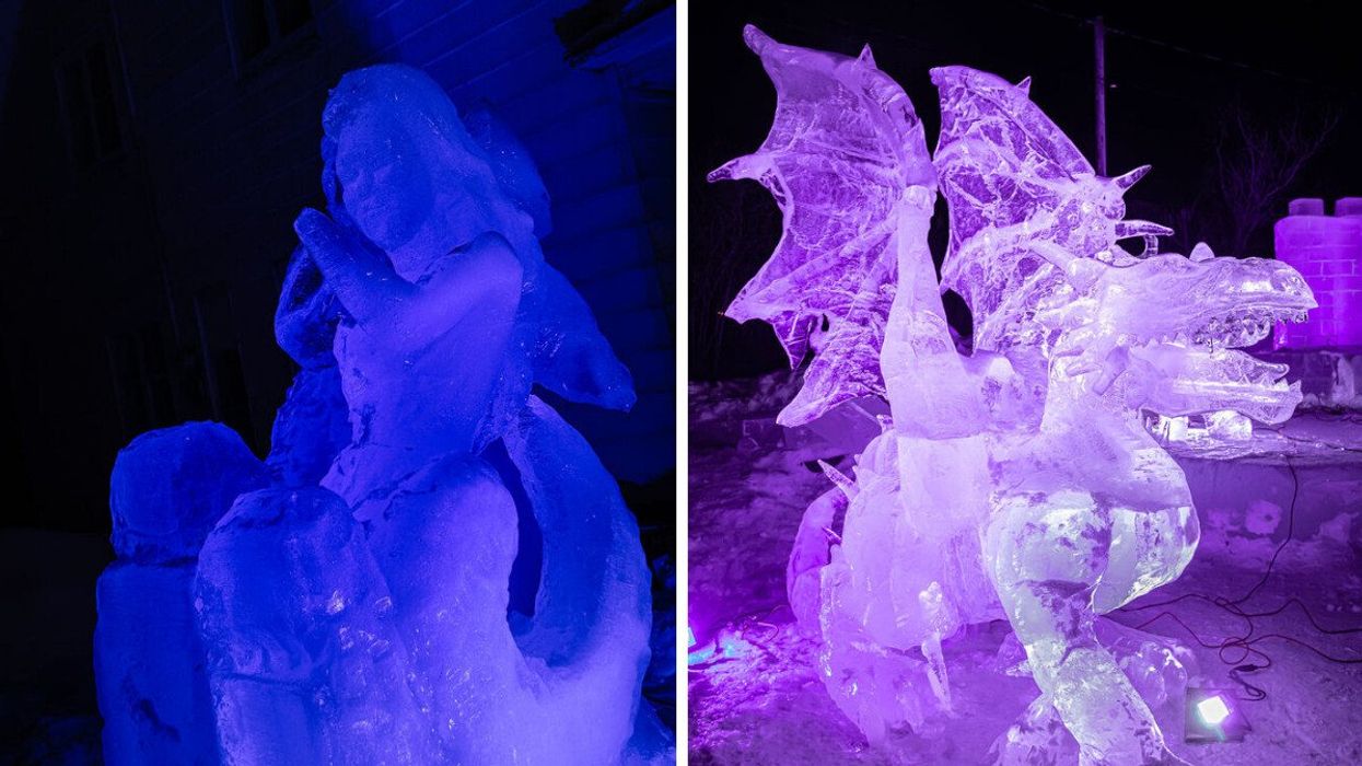An ice mermaid lit up with blue. Right: A purple-lit dragon made of ice.