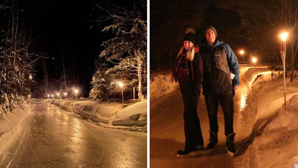 An ice path lit by torches at night. Right: Two people skate on the skating trail by firelight.