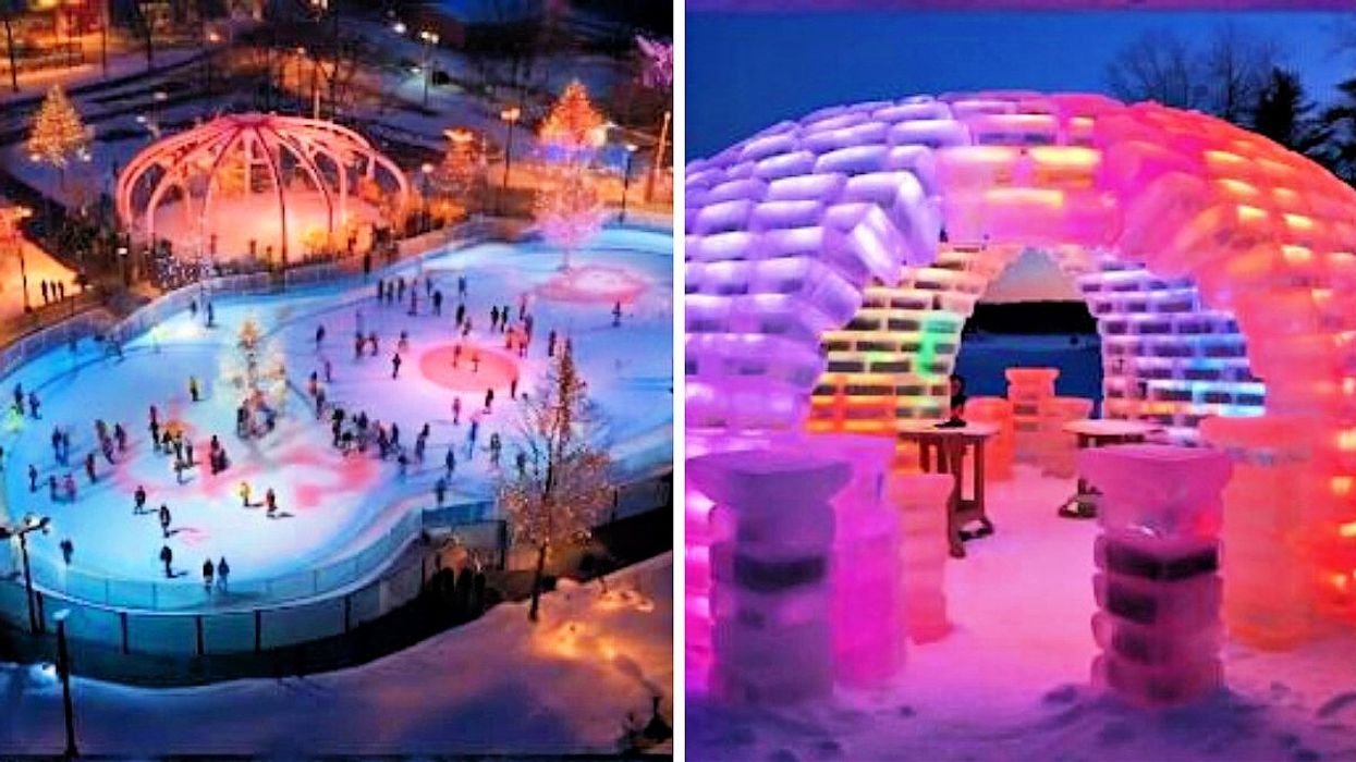 An ice skating rink. Right: An illuminated bar made of ice blocks.