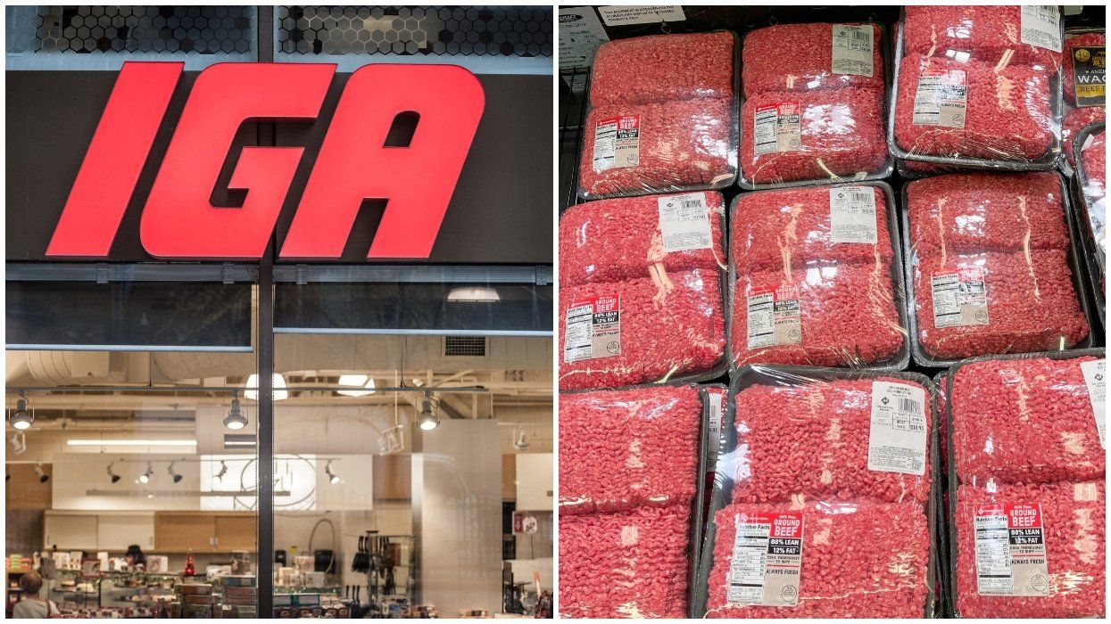 An IGA store. Right: The beef section at a grocery store.
