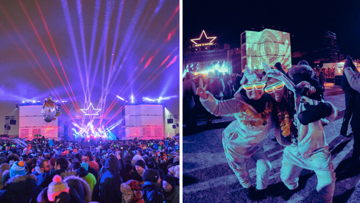 An Igloofest stage. Two people in unicorn onesies at Igloofest.