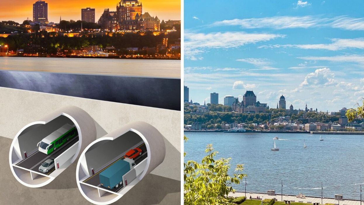 An illustrative rendering of a proposed tunnel linking Quebec City and Lévis. Right: The Quebec City skyline as seen from Lévis.