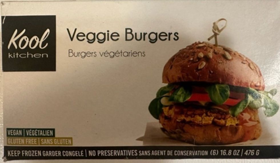 An image of a box of gluten-free veggie burgers with a visual of the burger on the cover along with weights of the burger and storing instructions.