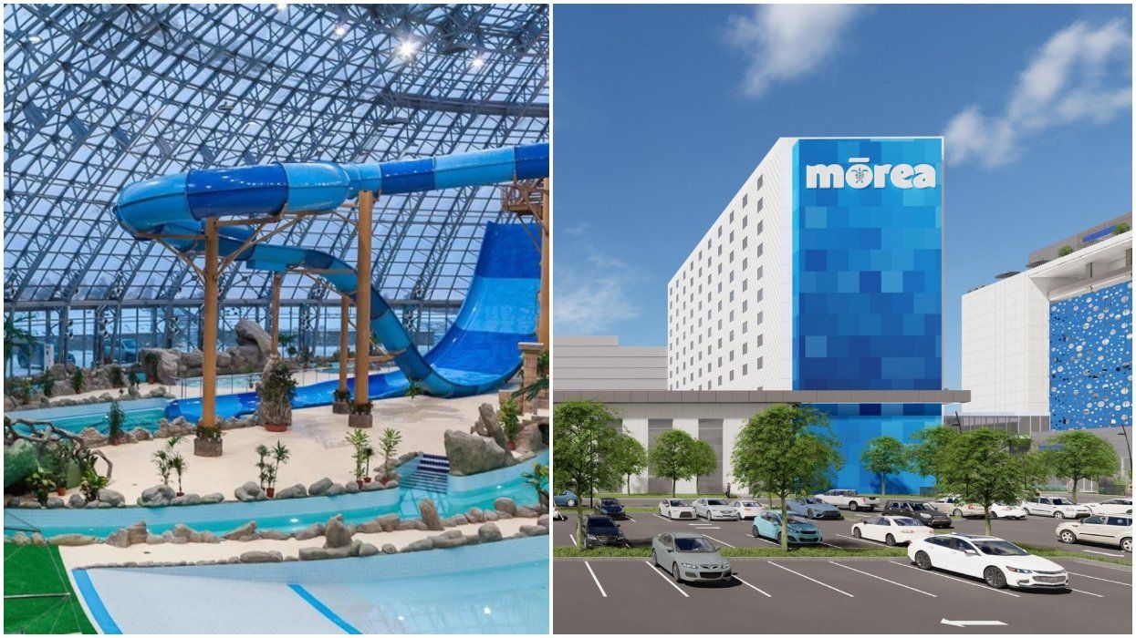 An indoor water park. Right: A generated photo of Morea Water Park.