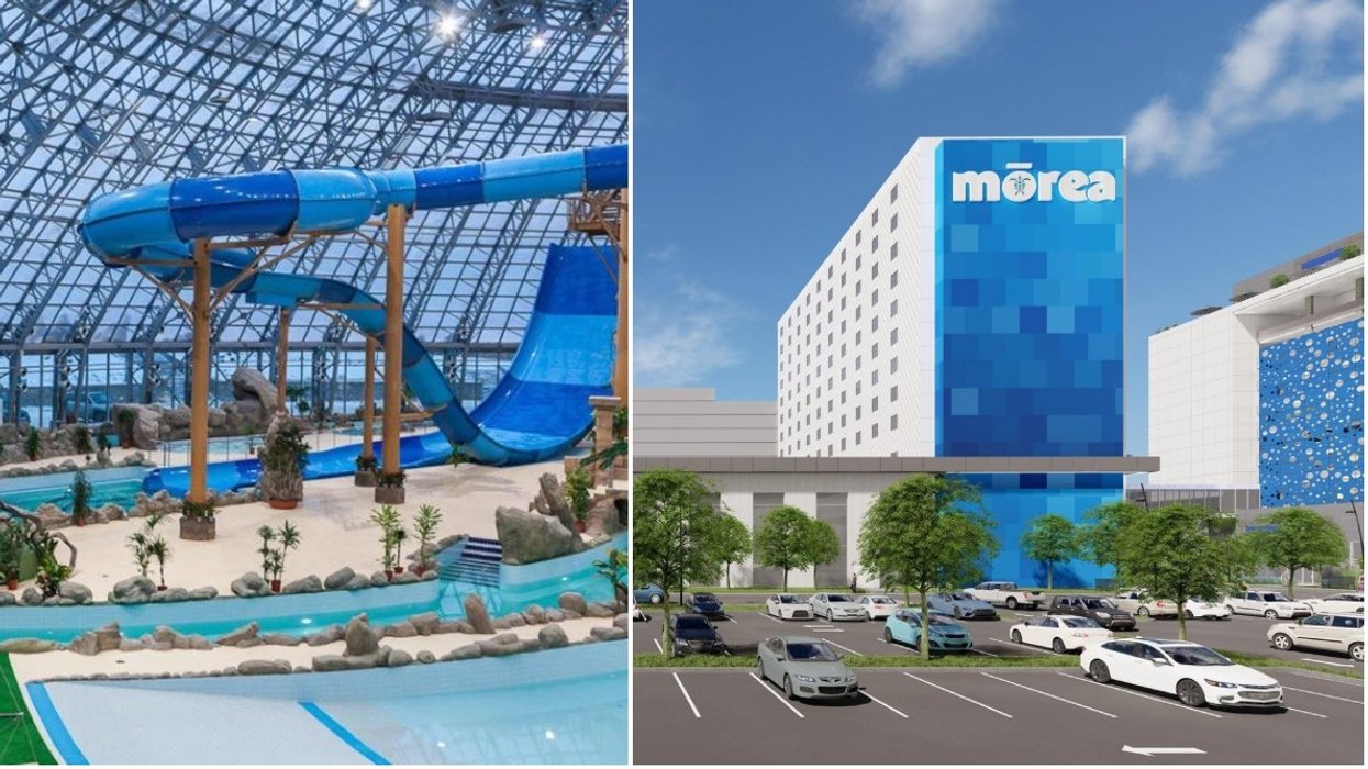 An indoor water park. Right: A generated photo of Morea Water Park.