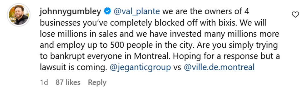 An Instagram comment from Johnny Gumbley.