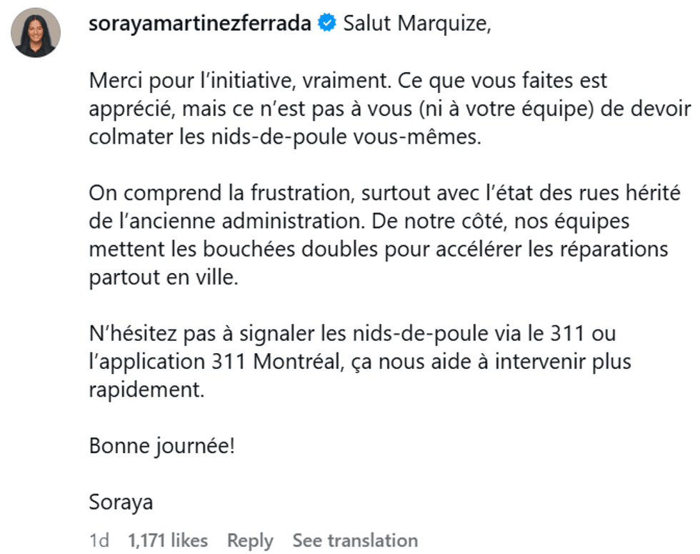 An Instagram comment from Montreal's mayor. 