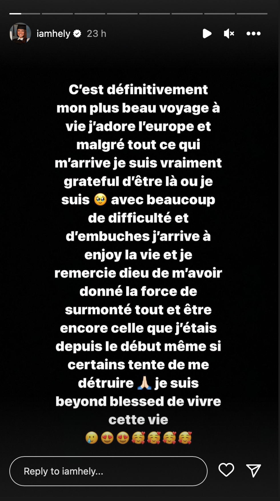 An Instagram Stories post from Helene Boudreau about how much she loves Paris.