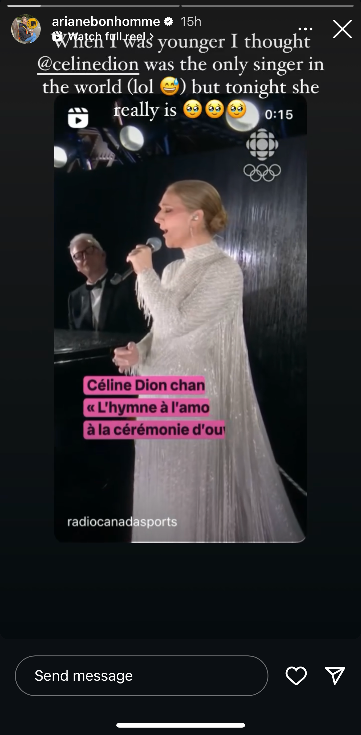 An Instagram story from Ariane Bonhomme about C\u00e9line Dion's Olympics performance.