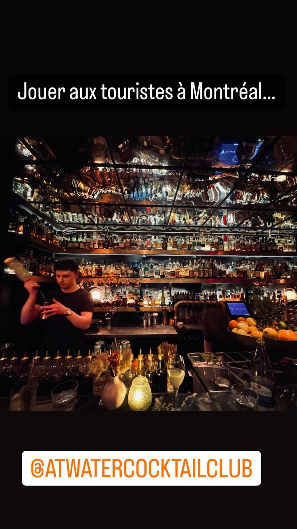 An Instagram story post by Montreal Mayor Val\u00e9rie Plante from the inside of the Atwater Cocktail Club speakeasy.