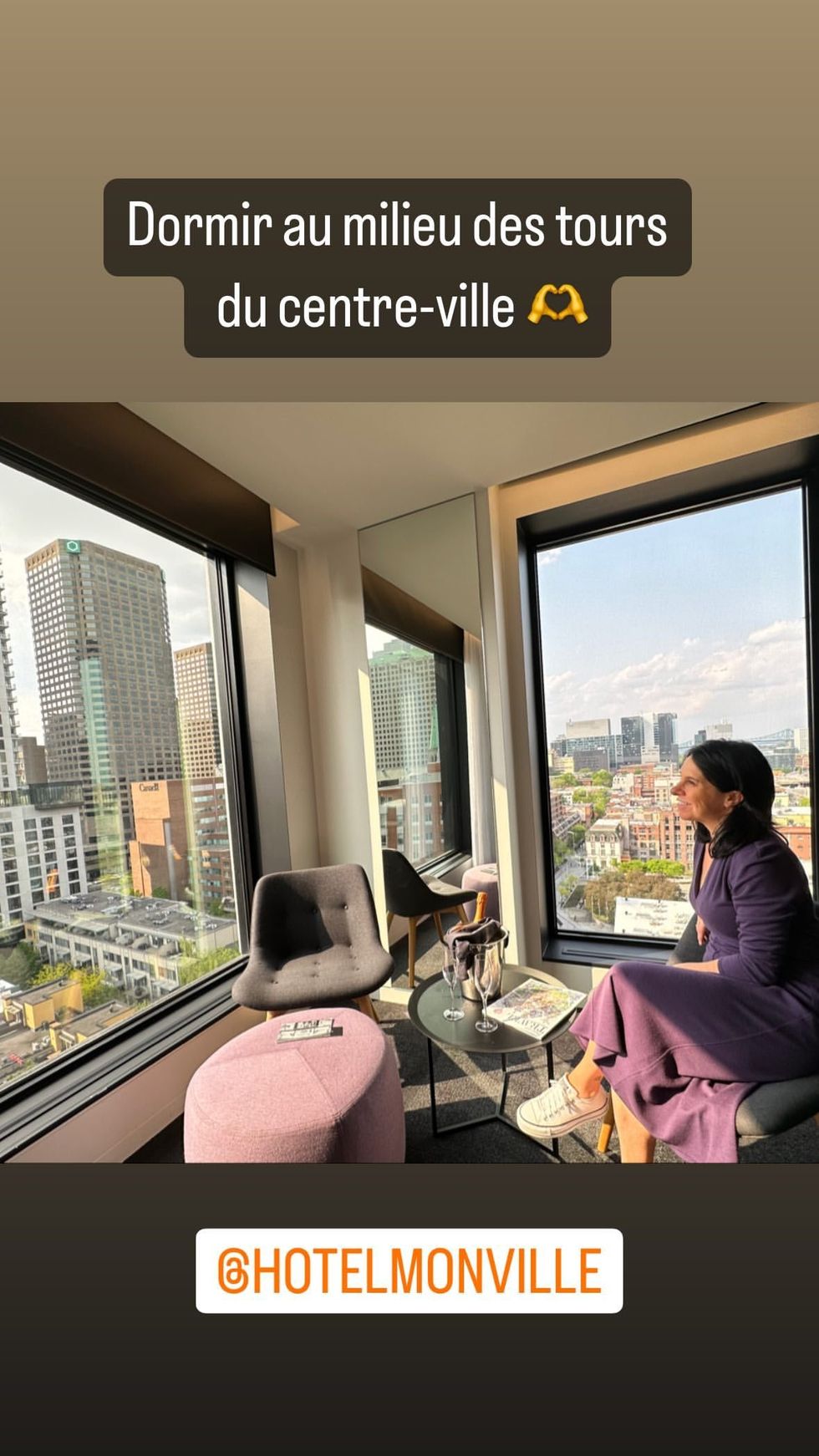 An Instagram story post by Montreal Mayor Val\u00e9rie Plante from the inside of the Ho\u0302tel Monville.