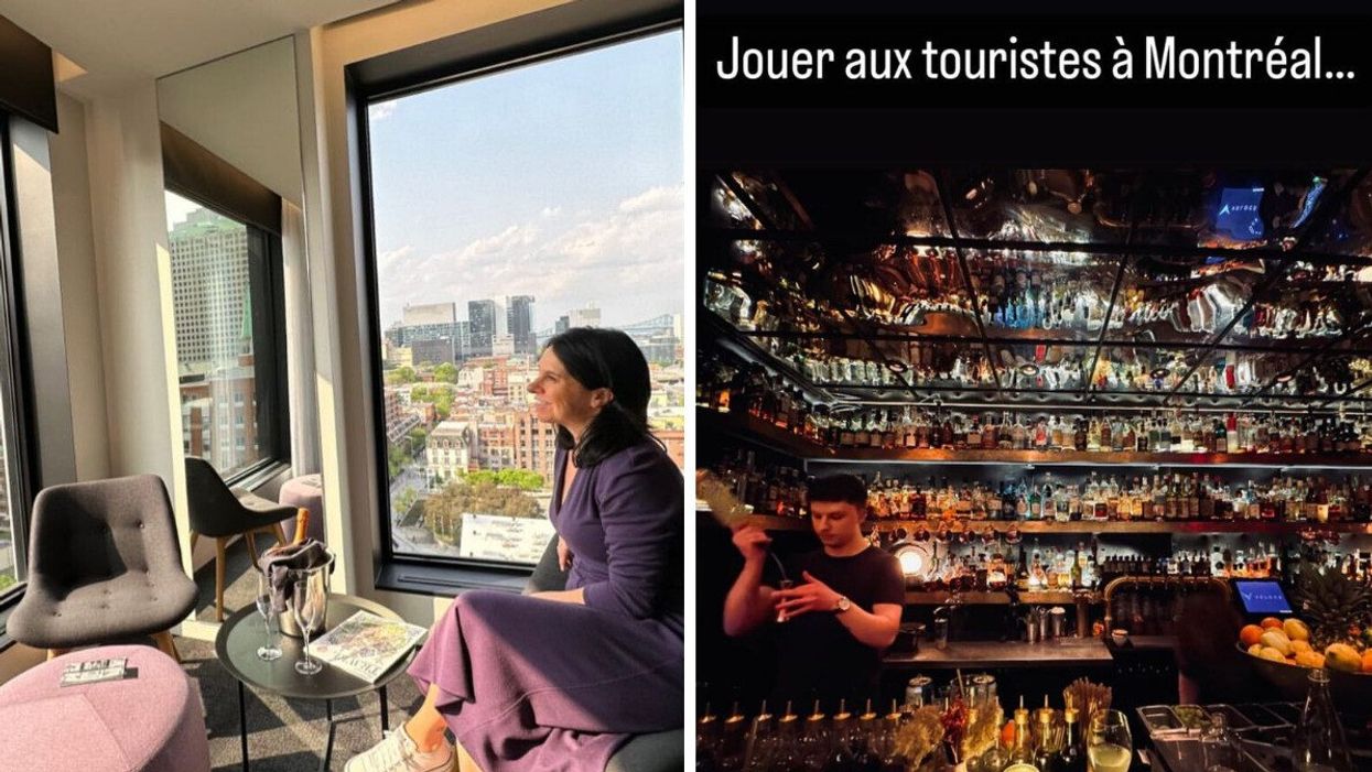 An Instagram story post by Montreal Mayor Valérie Plante from the inside of the Hôtel Monville. Right: An Instagram story post by Montreal Mayor Valérie Plante from the inside of the Atwater Cocktail Club speakeasy.