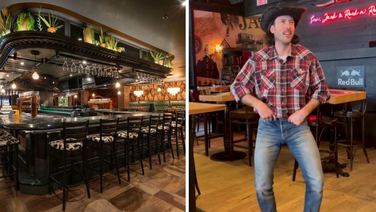 An interior shot of Jack Saloon, downtown Montreal's newest country western themed resto-bar. Right: Someone dressed as a cowboy standing inside Jack Saloon.