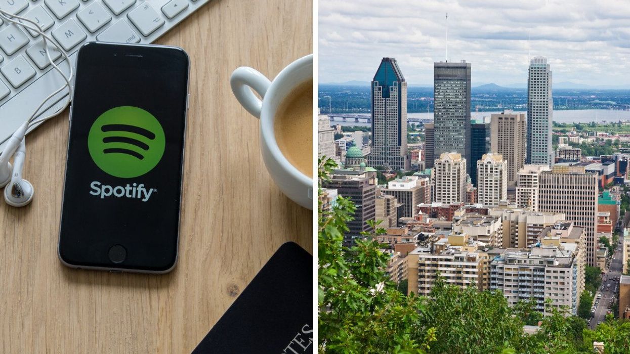 An iPhone with the Spotify logo on the screen. Right: The city of Montreal.
