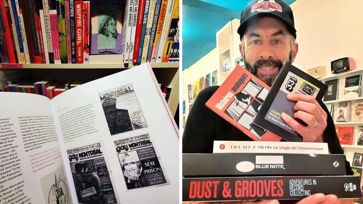 An open book with "Gay Montreal" posters on one page. Right: Someone holds up a stack of music-themed books.